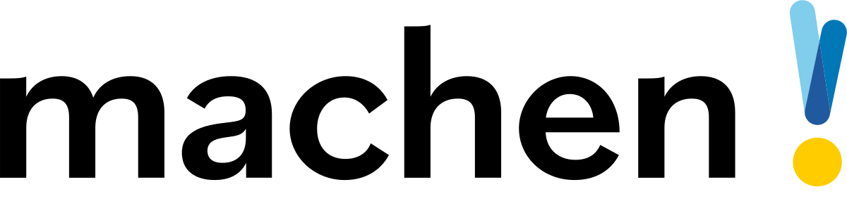 Text und Grafik zum Wettbewerb "machen!", Bildelement das Ausrufezeichen besteht aus zwei sich V-förmig überlappenden Strichen und eine Punkt