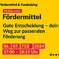 Grafik mit dem Text: Fördermittel & Fundraising. #DSEEerklärt: Fördermittel. Gute Entscheidung – dein Weg zur passenden Förderung 6./7. Februar 2024, 17:00 – 18:15 Uhr.
