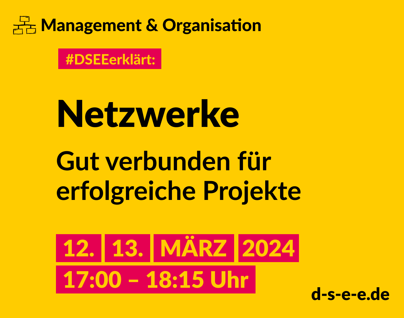 DSEE_Erklaert_Netzwerke - 2024_1415x1115 Grafik mit dem Text: Management und Organisation. #DSEE erklärt: Netzwerke – Gut verbunden für erfolgreiche Projekte. 12./13. März 2024, 17:00–18:15 Uhr. d-s-e-e.de