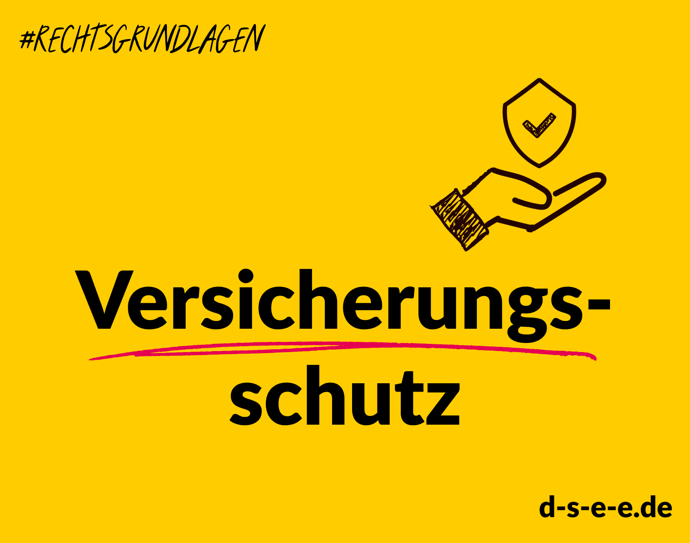 Gelbe Grafik mit gezeichneter Hand und einem Schutzschild. Text: #Rechtsgrundlagen; Versicherungsschutz