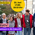 Foto von unterschiedlichen Menschen, die sich umarmen und gemeinsam gehen. Text: #DSEEinformiert 20.06., 17:00–18:15 Uhr initiativ! Gemeinsam in die Zukunft!