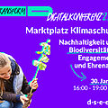 Foto von einer Frau mit Pflanze. Text: #transform_d Digitalkonferenz: Marktplatz Klimaschutz '25. Nachhaltigkeit und Biodiversität in Engagement und Ehrenamt. 30.01.2025, 16:00–19:00 Uhr. d-s-e-e.de