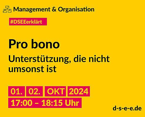 Gelbe Grafik mit dem Text: Management & Organisation. #DSEEerklärt Pro bono. Unterstützung, die nicht umsonst ist. 01./02. Oktober 2024, 17:00–18:15 Uhr. d-s-e-e.de