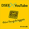 Text und Grafik: "DSEE x YouTube" "Online-Trainings für Engagierte" "d-s-e-e.de", aus einem gezeichneten Bildschirmfenster schaut ein Mensch mit fröhlichem Gesicht"