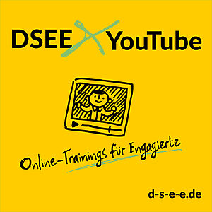Text und Grafik: "DSEE x YouTube" "Online-Trainings für Engagierte" "d-s-e-e.de", aus einem gezeichneten Bildschirmfenster schaut ein Mensch mit fröhlichem Gesicht"