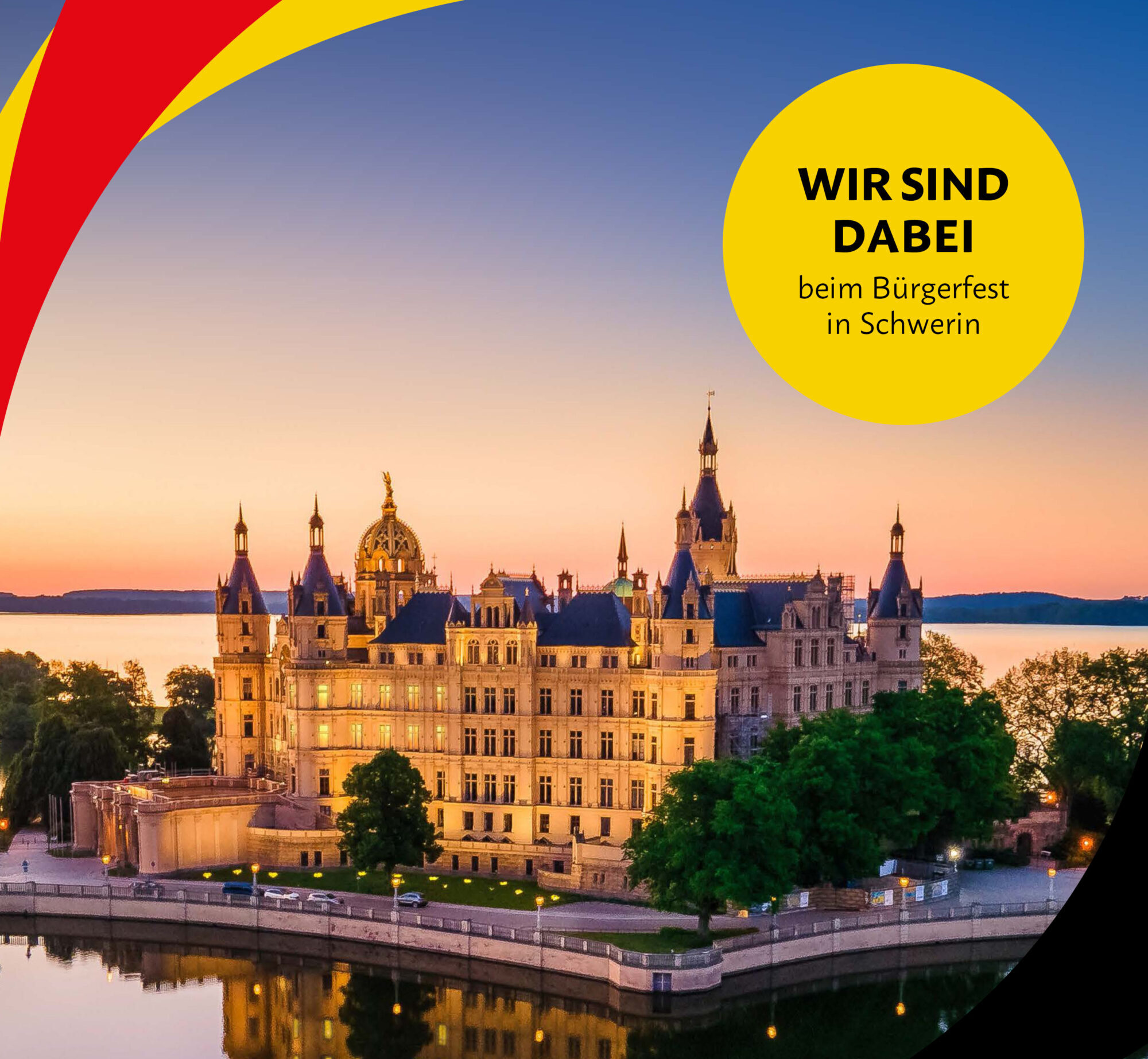 TDE_24_SocialMedia_Post_Wirsinddabei_gelb Foto des Schweriner Schlosses, in der oberen rechten Ecke befindet sich ein gelber Button mit der schwarzen Aufschrift: Wir sind dabei beim Bürgerfest in Schwerin