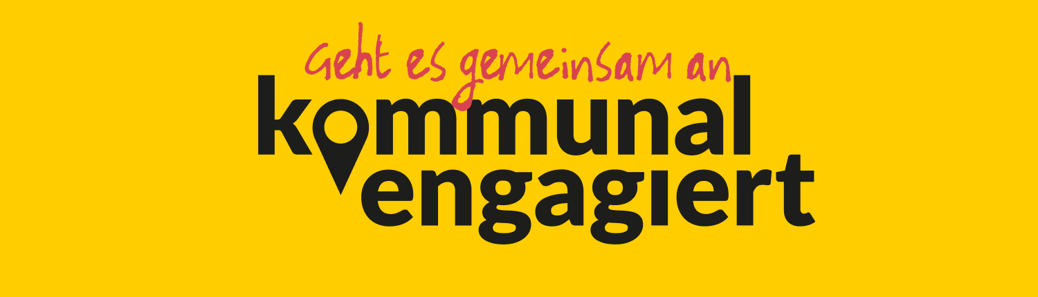 Text mit Grafik: Veranstaltungsankündigung "die Tagung kommunal engagiert, geht es gemeinsam an" Grafikelement: Das O in Kommunal ist, wie ein Pin zugespitzt.