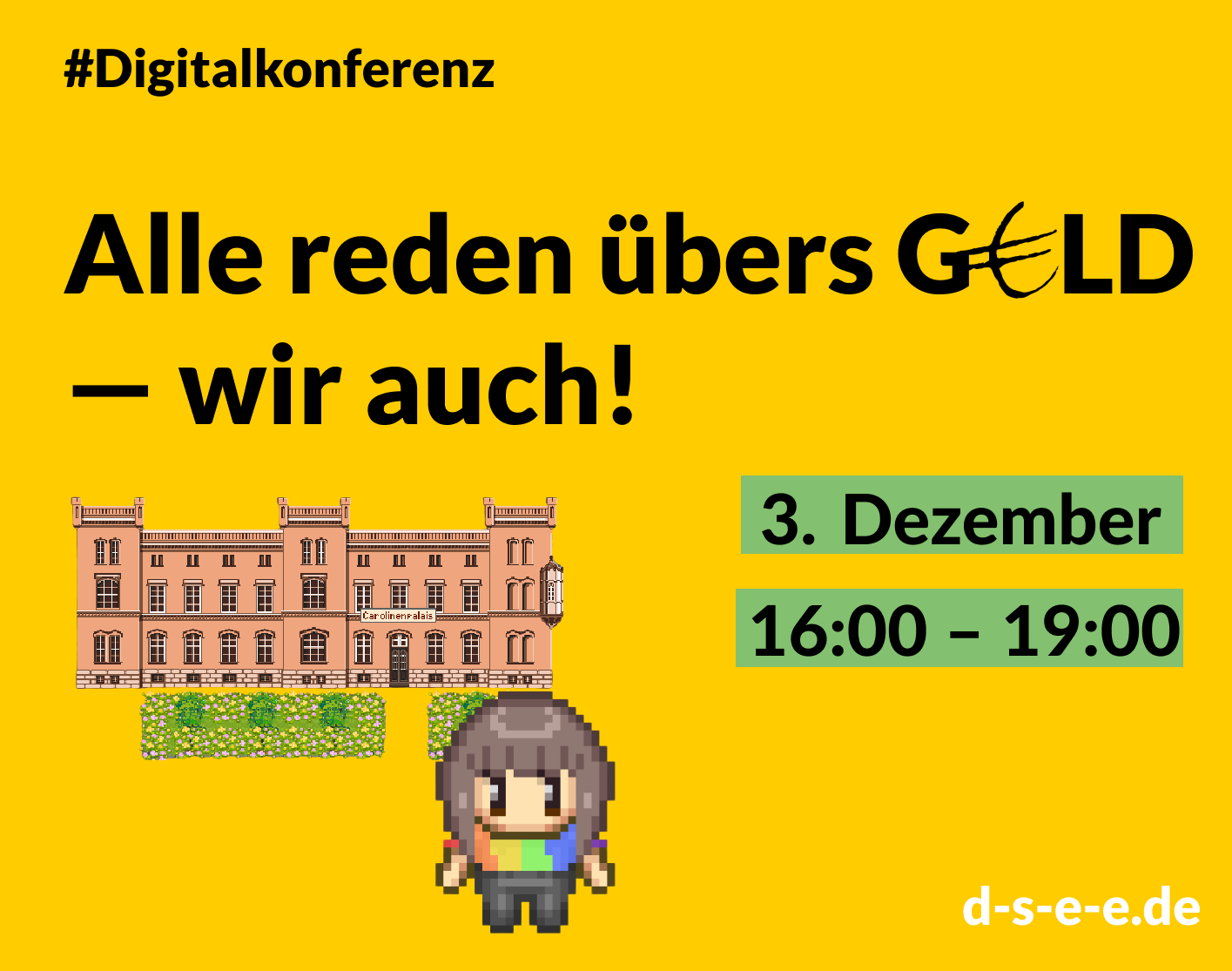 ArügWa 6 Grafik mit Text: Digitalkonferenz. Alle reden übers Geld - wir auch! 3. Dezember, 16:00 - 19:00.