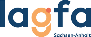 Text und Bildelement Logo "lagfa" "Sachsen-Anhalt", Bildelement der Buchstabe G als Kreis mit darunterliegendem Halbkreis und einem kleinen roten Punkt der oben links angefügt ist