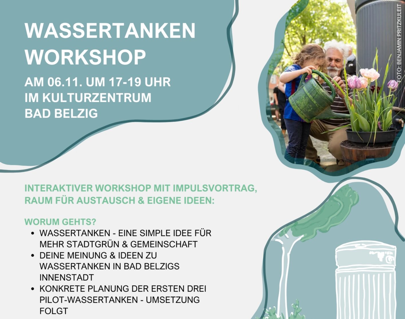 Flyer der Werkstatt für lebenswerte Zukunft Bad Belzig zu einem Wokshop über Wassertanken